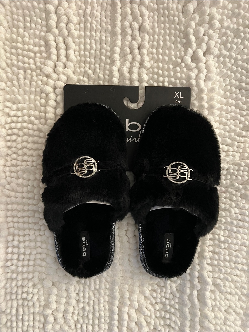 bebe Black Faux-Fur Slide Slippers with Silver Logo Emblem